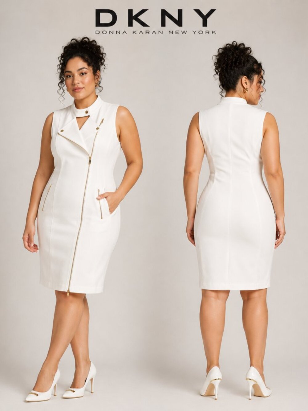 DKNY Womens White Moto Sleeveless Sheath Dress Gold Zip Cutout Ivory Size 10